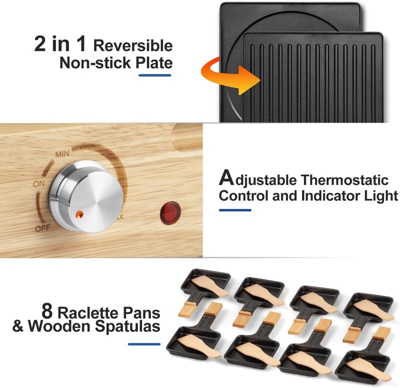 CUSIMAX شواية داخلية، شواية طاولة راكليت، شواية كهربائية 1500 واط للشواء الكوري مع لوحة غير لاصقة قابلة للعكس / قاعدة خشبية، شواية حفلات مع 8 صواني وملاعق خشبية، نموذج جديد - Image 3